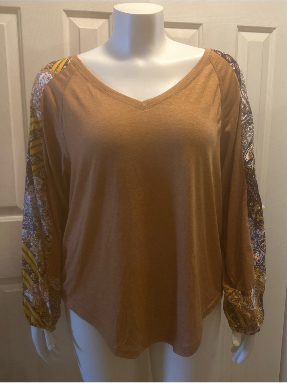 Women’s V-Neck Blouse in Mustard with Patterned Raglan Sleeves
